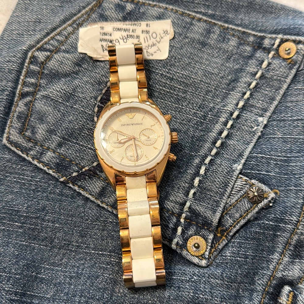 Emporio Armani rose, gold, and white watch